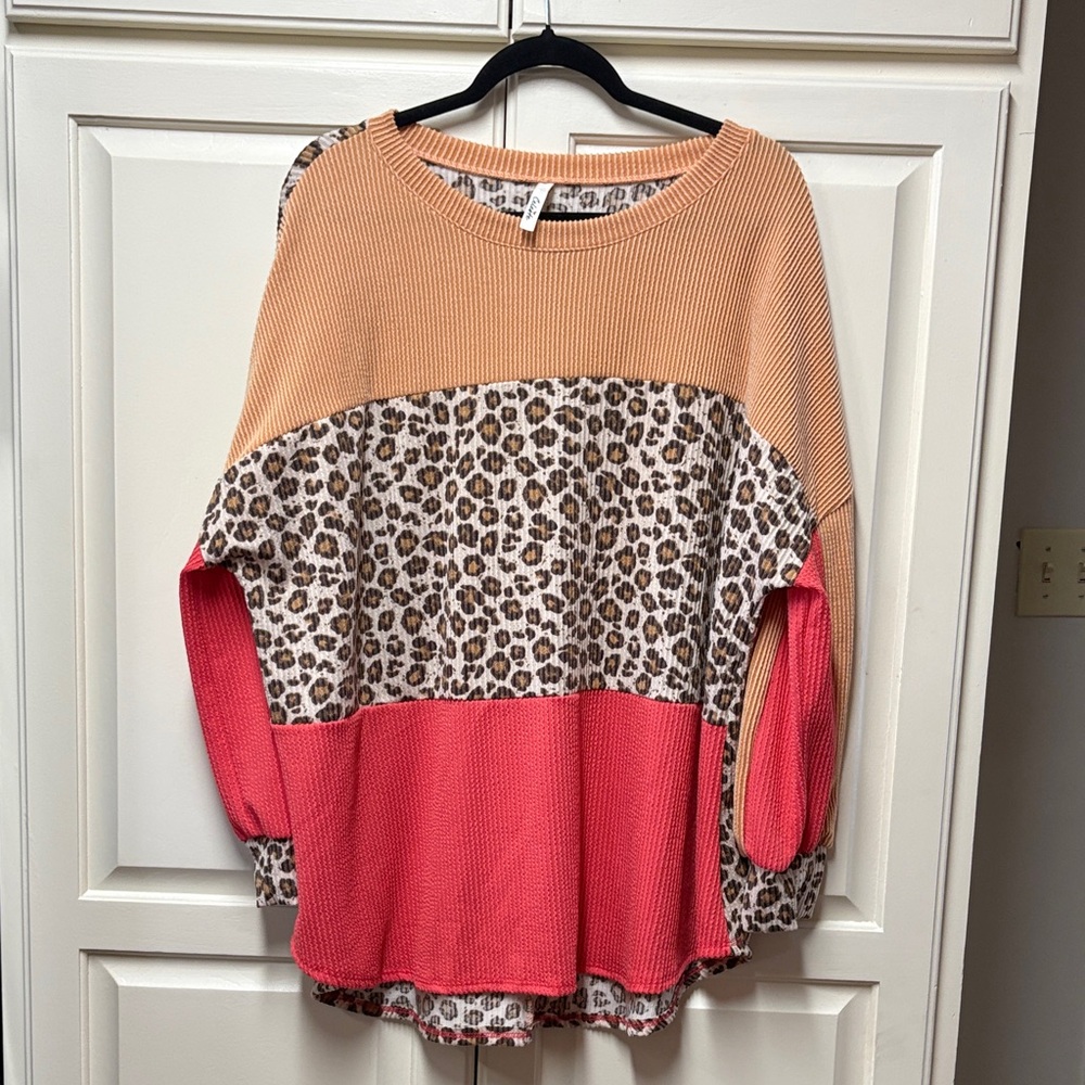 NWOT Celeste Apricot Ribbed Top with Animal Print